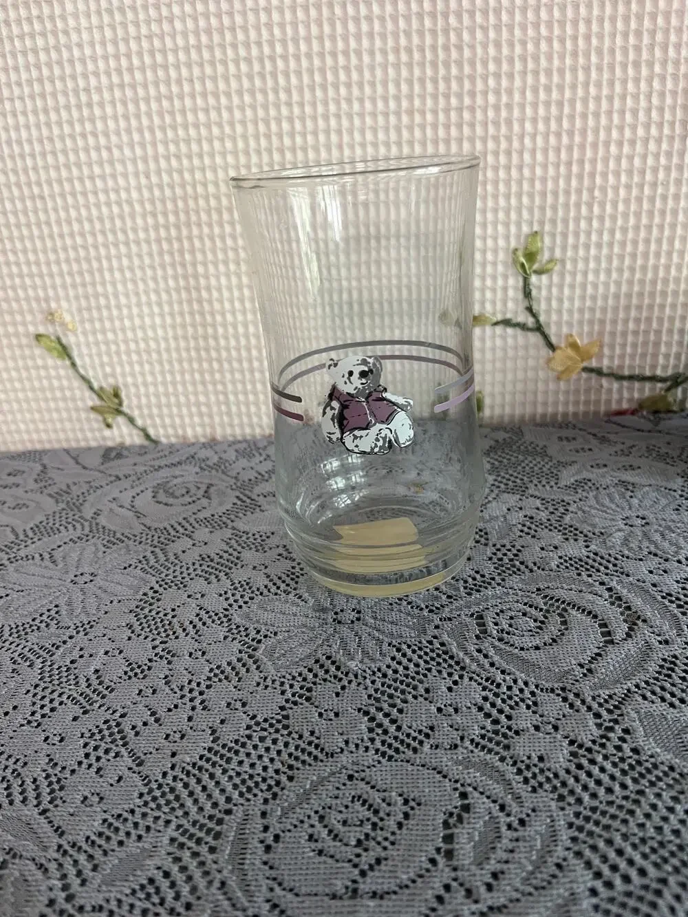 Vintage Teddy Bear Juice Glass Small Tumbler Pink Stripe Bands Retro Nursery